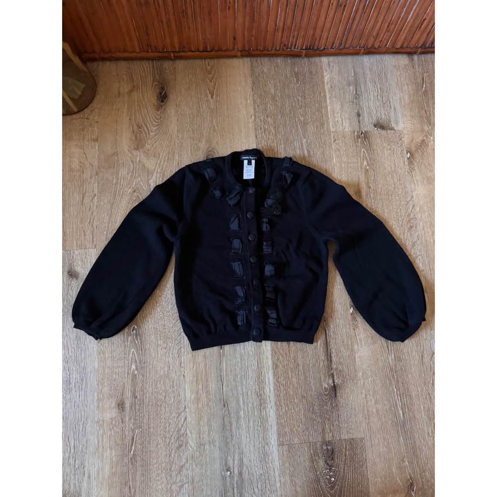 Nanette Lepore Black Cotton Silk Ribbon Trim‎ Balloon Sleeve Cardigan XS